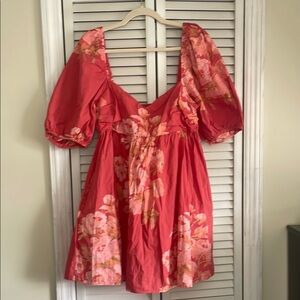 Floral Puff Sleeve Dress in Coral and Pink
